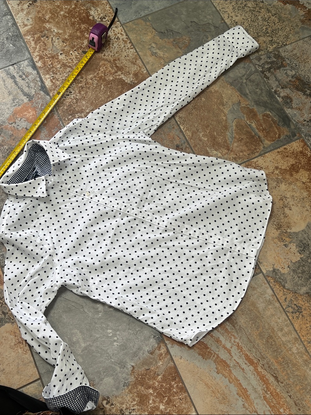 Chaps White Button-Down Shirt with Navy Polka Dots